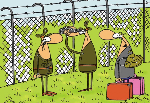 <h1>Meglepő fordulat  
– Én ki szeretnék innen mászni, határőr urak!  
SZMODIS IMRE rajza</h1>-